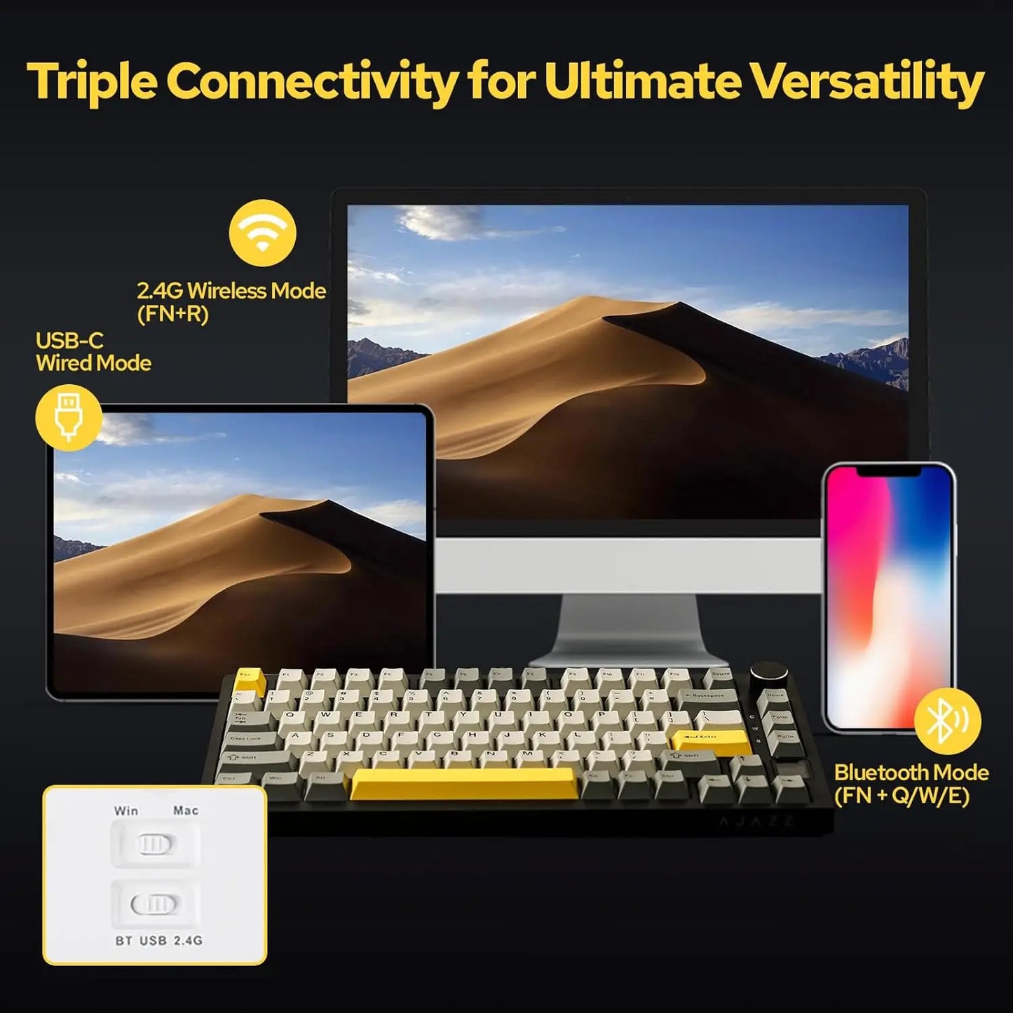 Pro Gaming Mechanical Keyboard Bluetooth 5.1/Wireless/C-Wired Customised Keyboard with Knob Hot Swapping Gasket