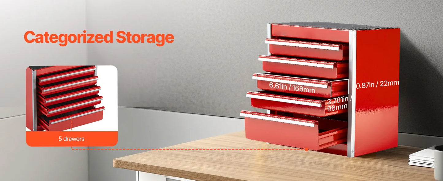 5-Drawer 8.6in Metal Tool Box Red/Black Portable Small Tool Chest with PP Feet Pads for Garage Workshop Tools Storage