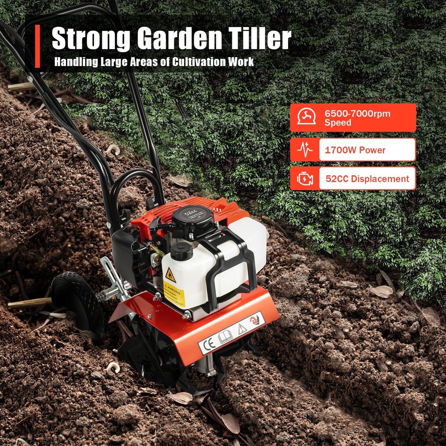 Powerful 52CC 1700W Garden Gasoline Tiller Cultivator Loosening Soil Machine