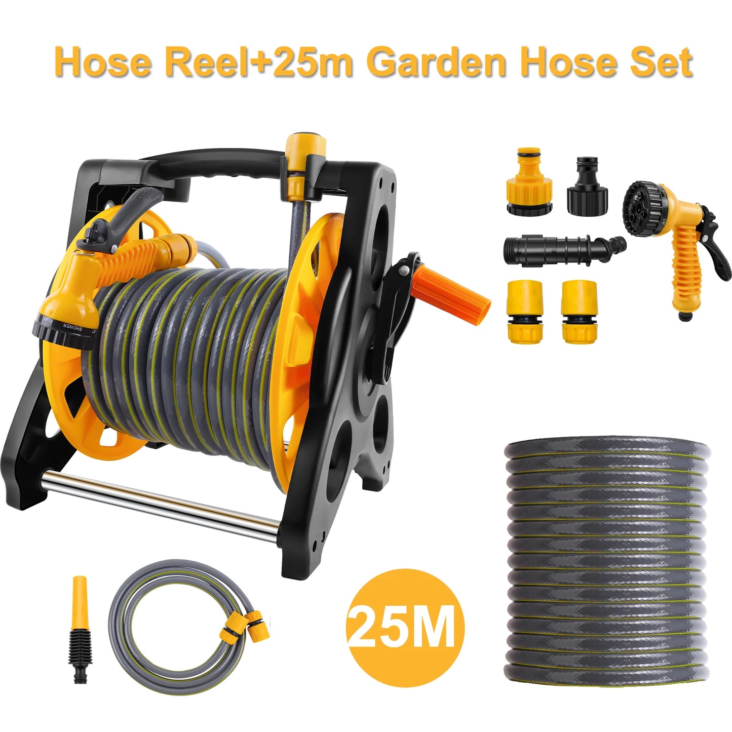 15/25/30M Garden Hose Reel Floor Standing Heavy Duty with Nozzle 7 Patterns & Fittings