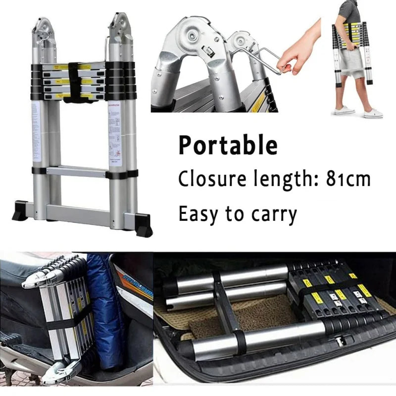 Heavy Duty Steel Telescopic Ladder 3.8m/5m A-Frame, 150kg Load Anti-Slip Stable w Stabilisers