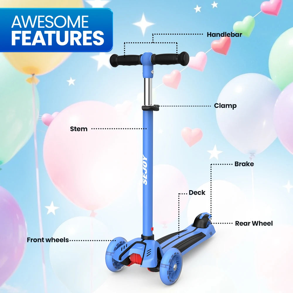 Sejoy Baby Scooter with LED Wheels Adjustable Height, Foldable Design & Dual Modes 2-8 Years