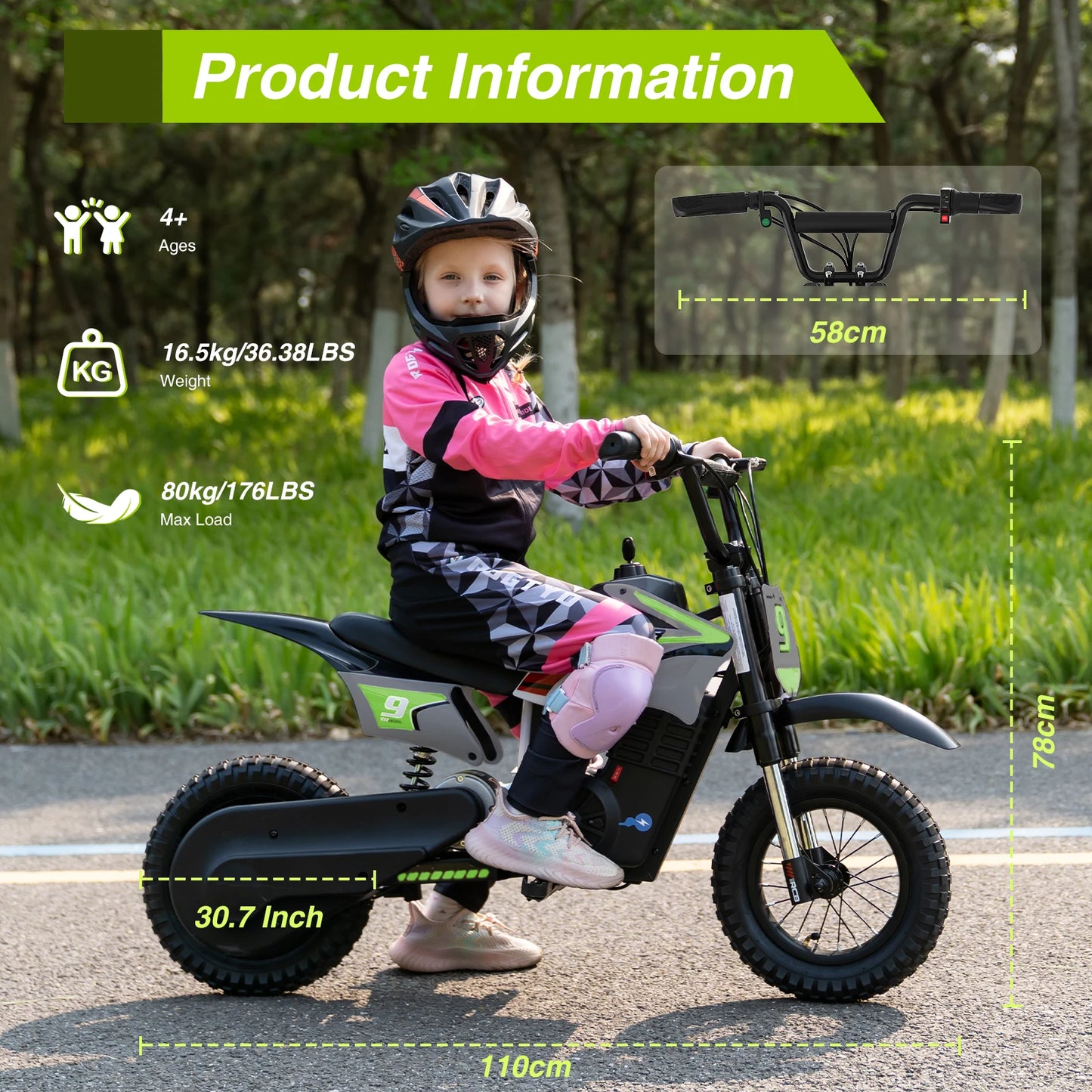 RCB Electric Motorcycle Kids, 36V 350W R9X PRO- Up 25KM/H &16KM Long-Range, 3-Speed