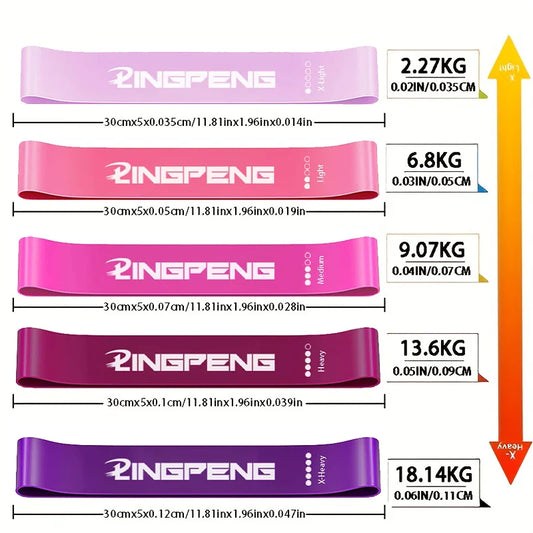 Set of resistance bands with visible brand name and weight measurements.
