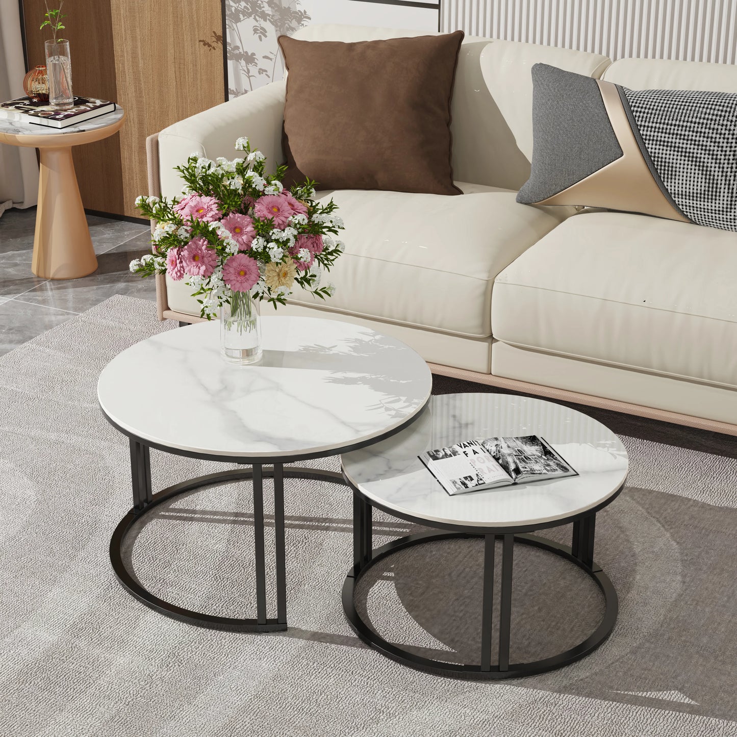 Modern Nesting Coffee Table Set of 2, Center Table with Sintered Stone Top and Metal Base for Living Rooms, Apartments