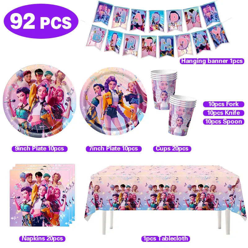 NEW Kpop Demon Hunter Decoration Birthday Supplies Kpop Birthday Theme Ballons Plate Cup Napkin Gift Bag Background Party Favor