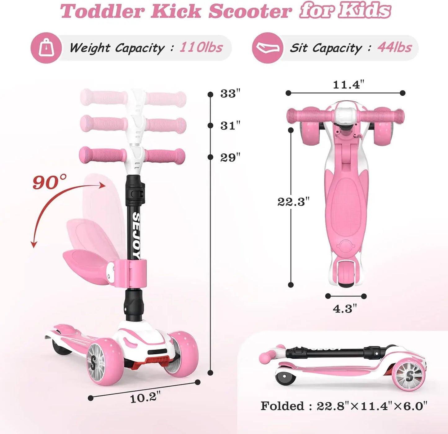 Sejoy Baby Scooter with LED Wheels Adjustable Height, Foldable Design & Dual Modes 2-8 Years