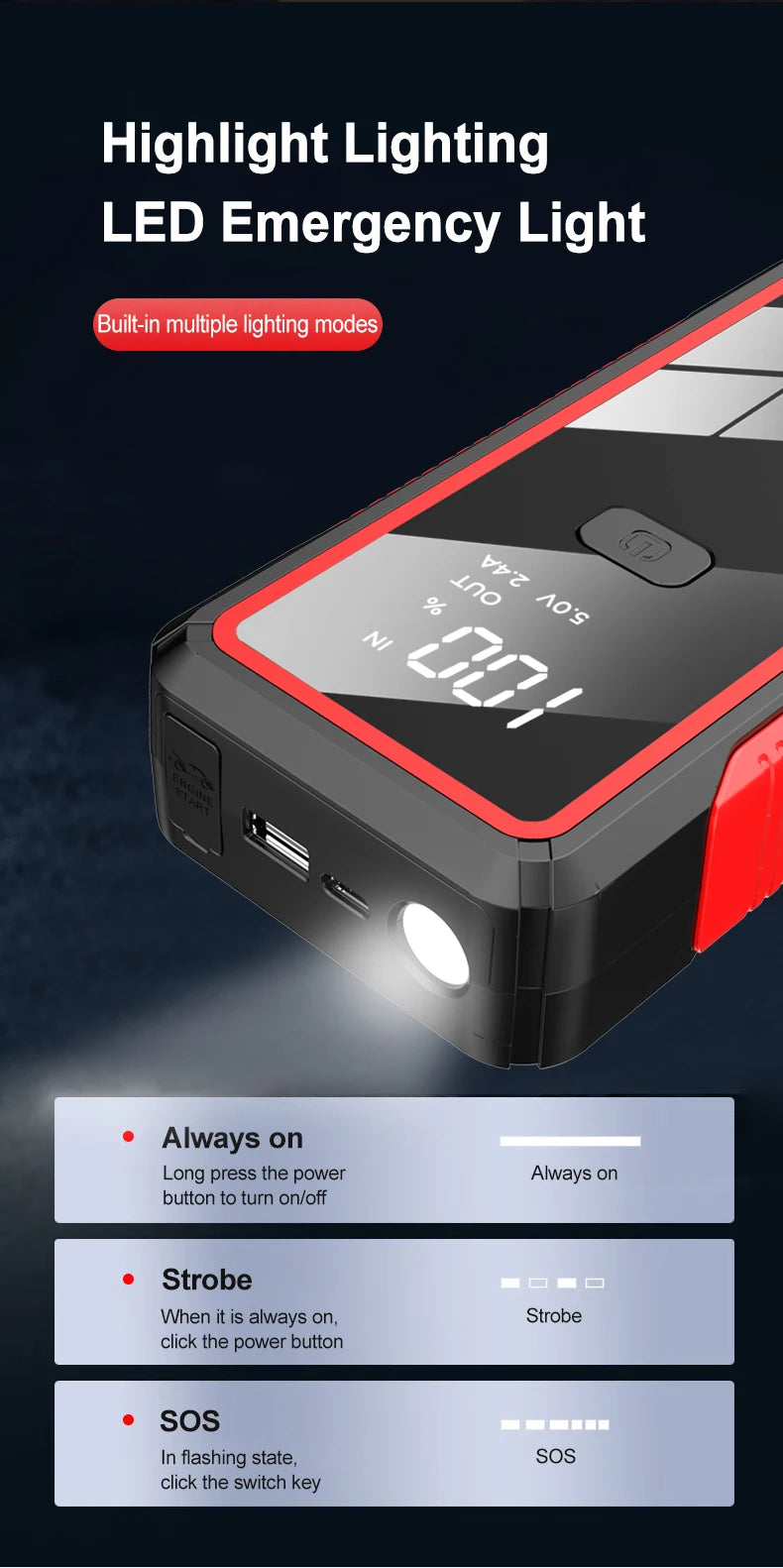 12V Car Jump Starter 600A-2000A Car Battery Starter Booster Emergency Start Portable Power Bank