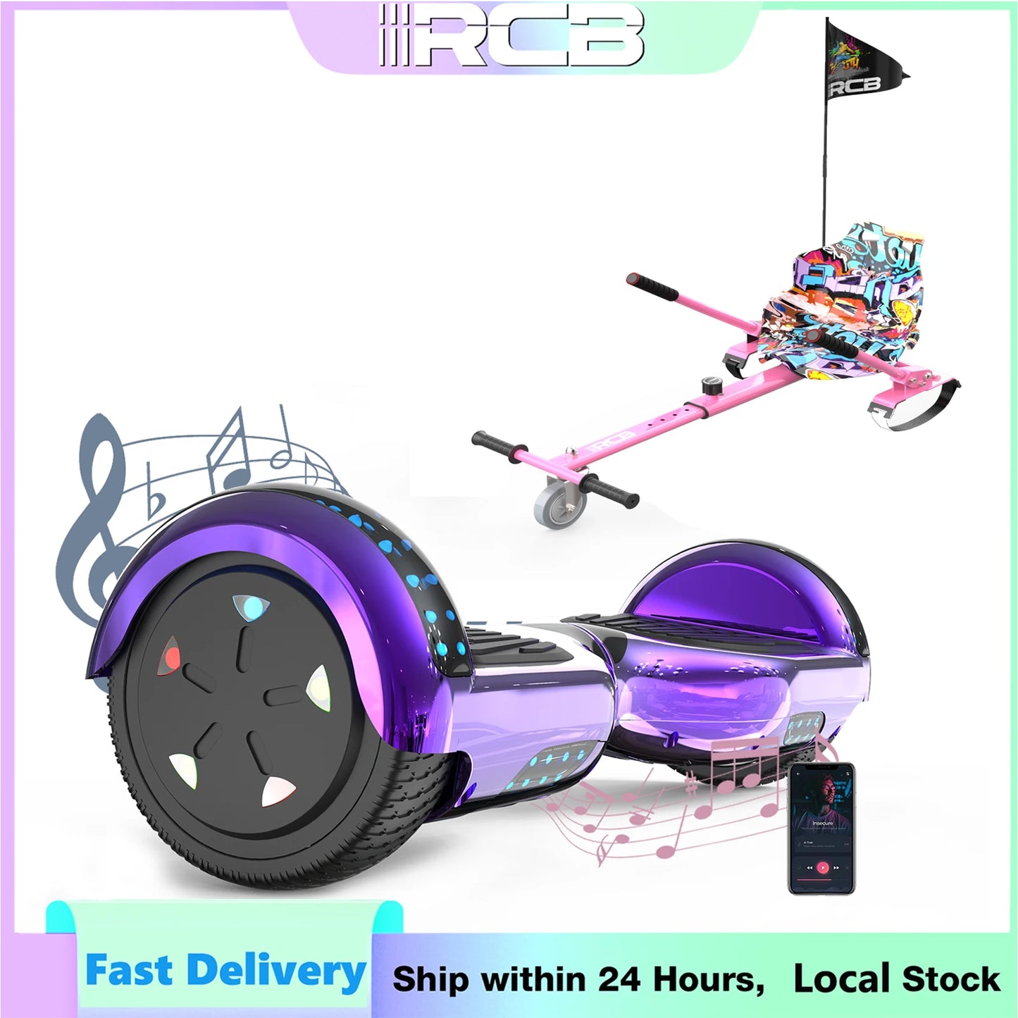 RCB 6.5-Inch Hoverboard with Go-Kart, Non-Slip Tire, LED Lights, Built-in Safety System, Electric Hoverboard for Kids & Adults