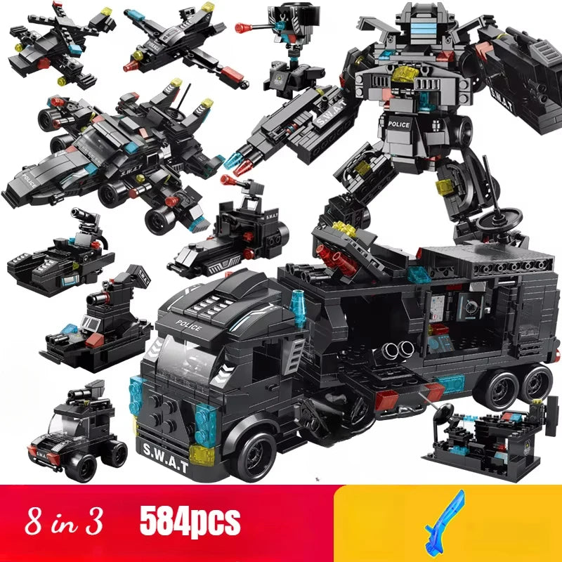 585pcs 8 in 1 SWAT Police Station Truck Model Building Blocks Set City Helicopter Bricks Toys for Kids Gifts