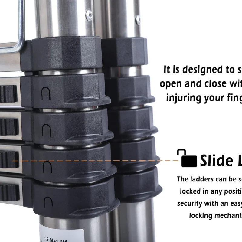 Heavy Duty Steel Telescopic Ladder 3.8m/5m A-Frame, 150kg Load Anti-Slip Stable w Stabilisers