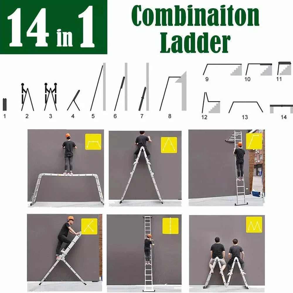 Multi-Purpose 4.7m/15.4ft Folding Ladder Aluminium Extension with Safety Platform, 16 Steps Heavy Duty 14 IN 1 Combination