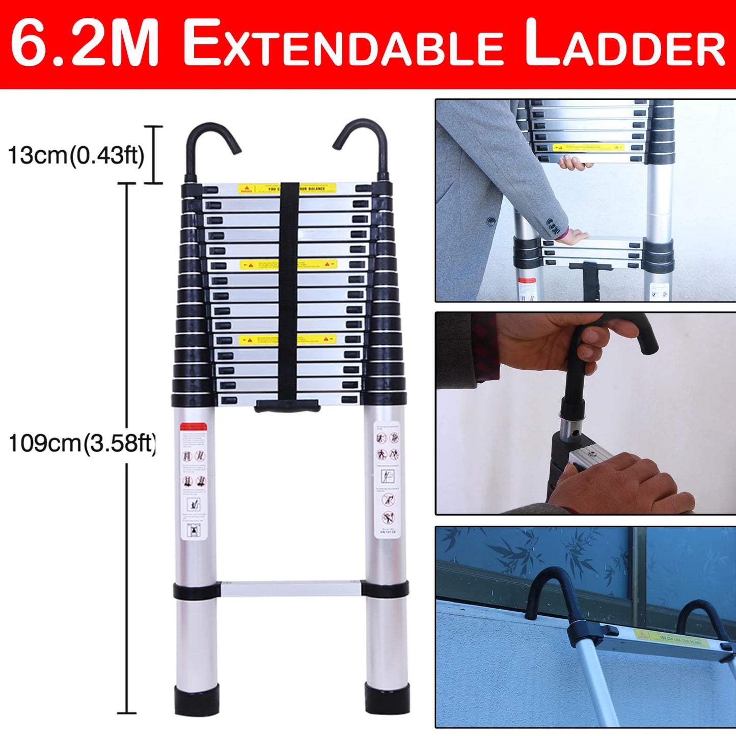 Telescopic Ladder 2.6m-6.2m, Portable Extendable Multi-Purpose Folding Aluminium Ladder Heavy Duty Extension Step