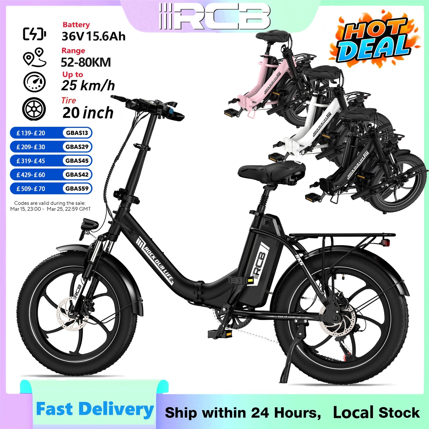 RCB 20"x3 Foldable Electric Bike for Adults, 36V 15.6Ah, 52-80KM Long Range Ebicycle