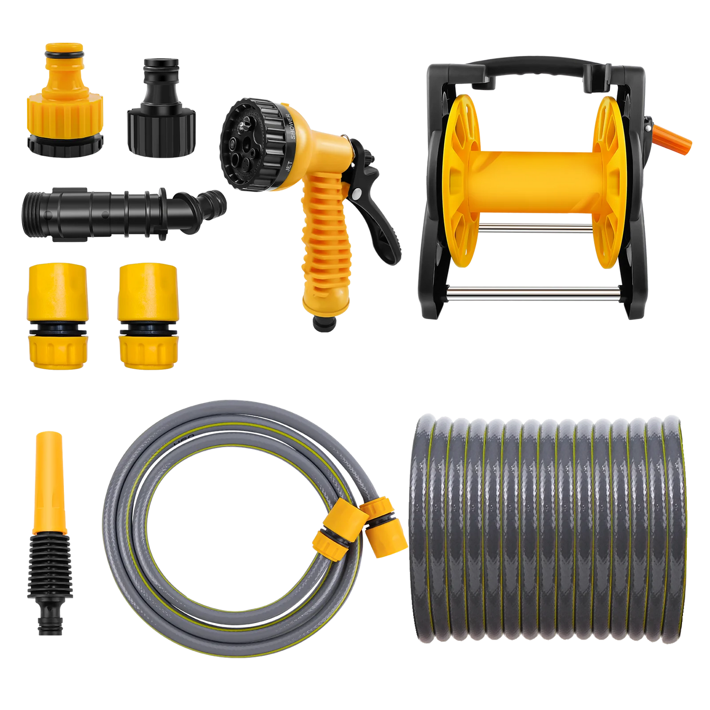 15/25/30M Garden Hose Reel Floor Standing Heavy Duty with Nozzle 7 Patterns & Fittings