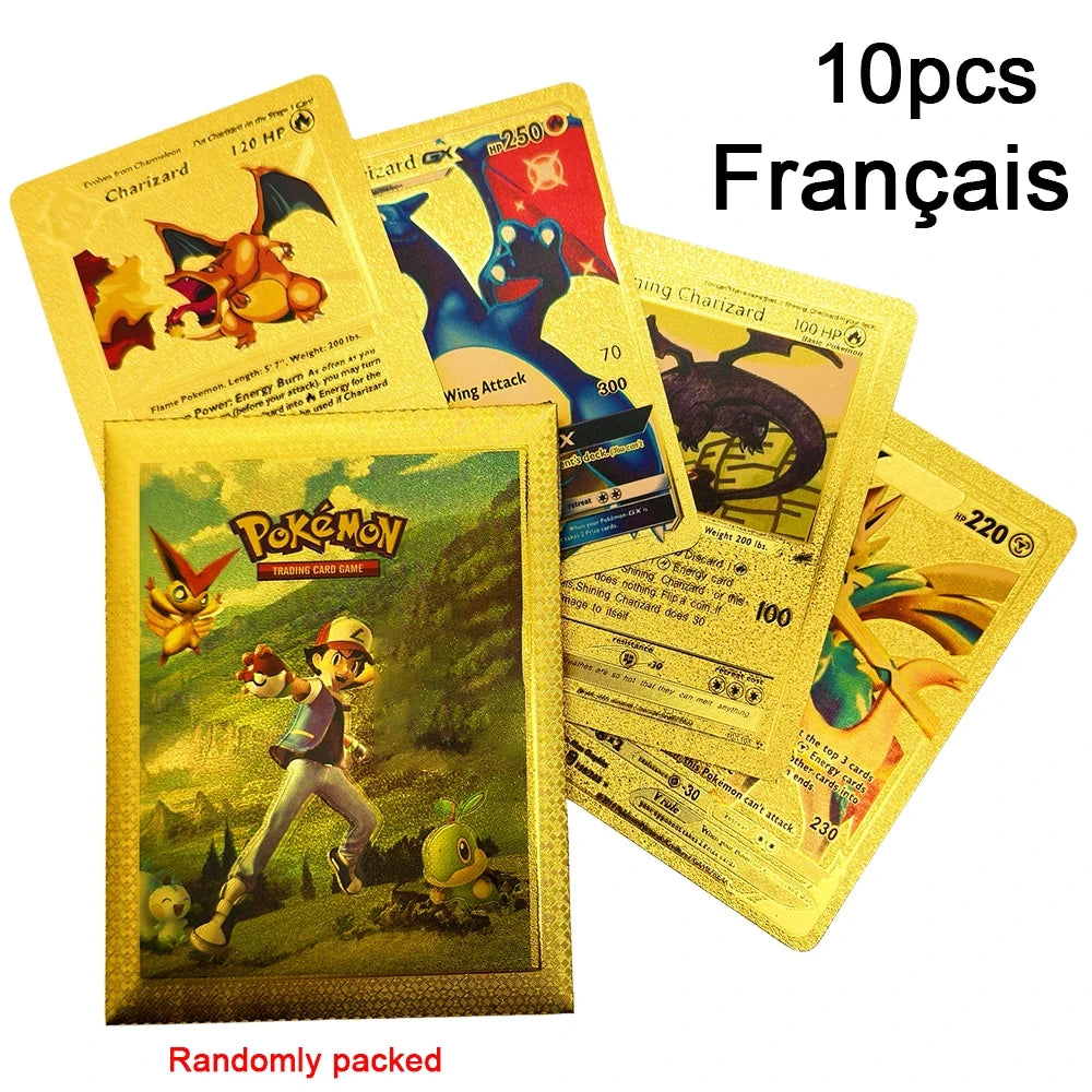 10-55Pcs Pokemon Gold Foil Cards Golden Letters English Spanish French German Game Card Metalicas Charizard Vmax Gx Series