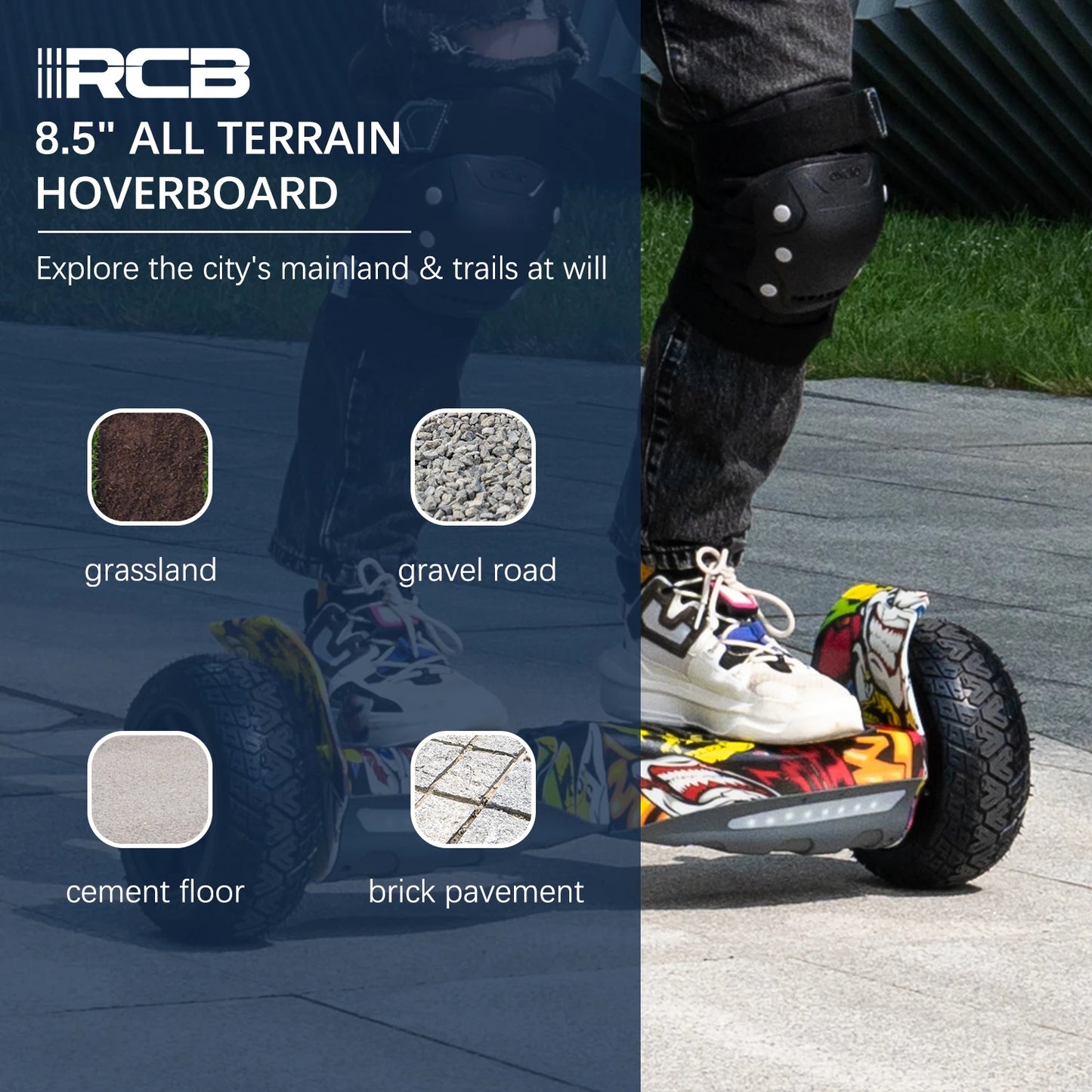 RCB 8.5" All Terrain Hoverboard with Hoverkart, Self Balancing Electric Scooter with LED and Speaker