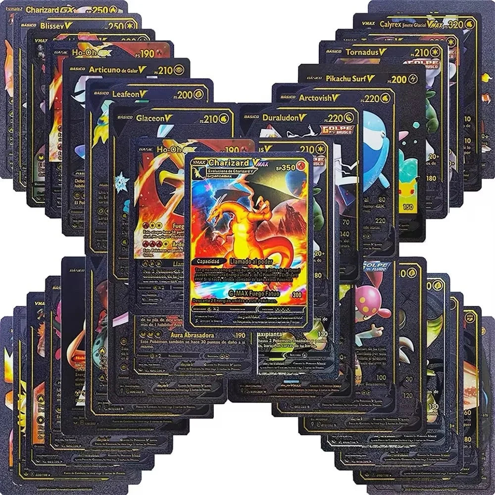 10-55Pcs Pokemon Gold Foil Cards Golden Letters English Spanish French German Game Card Metalicas Charizard Vmax Gx Series
