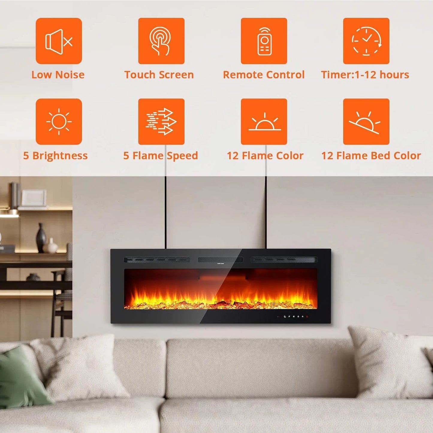 40/50/60 Inch Electric Fireplace Wall Mounted Electric Fires 900W/1800W 2 Heat Setting, 12 Adjustable Flame Color For Home Office
