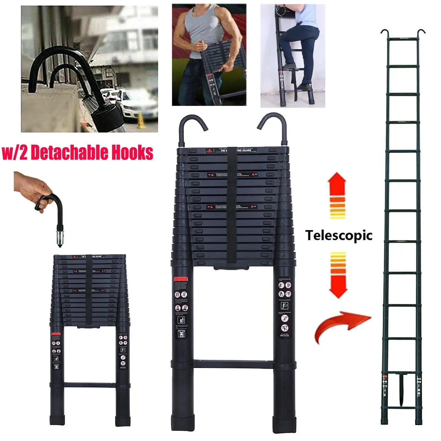6.2M Heavy Duty Telescopic Ladders With Hooks 14 Steps Aluminum Extending Roof Ladder for Multi-Purpose Use