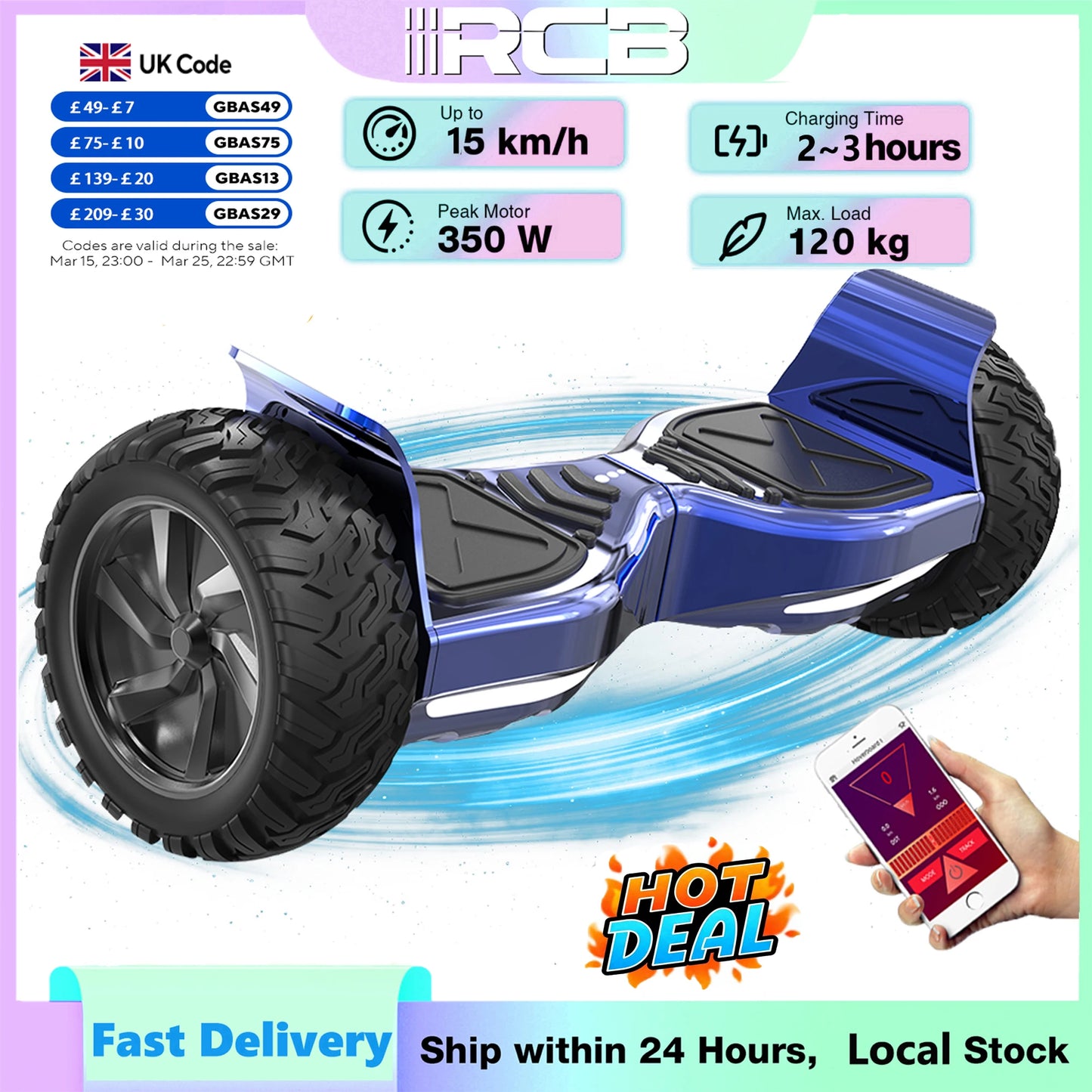 RCB  8.5 “ Hoverboard with Two Wheels, Hover board APP Control Function, Bluetooth Speaker, LED Lights for Kids and Adult