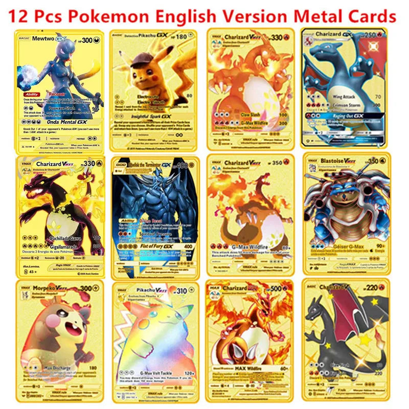 Pokemon English Metal Card Anime Pikachu Charizard Mewtwo Blastoise Vmax Shiny Letters Collection