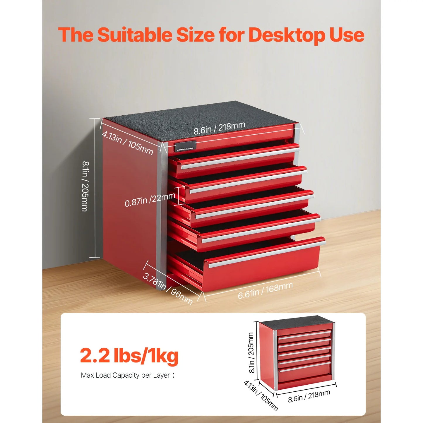 5-Drawer 8.6in Metal Tool Box Red/Black Portable Small Tool Chest with PP Feet Pads for Garage Workshop Tools Storage