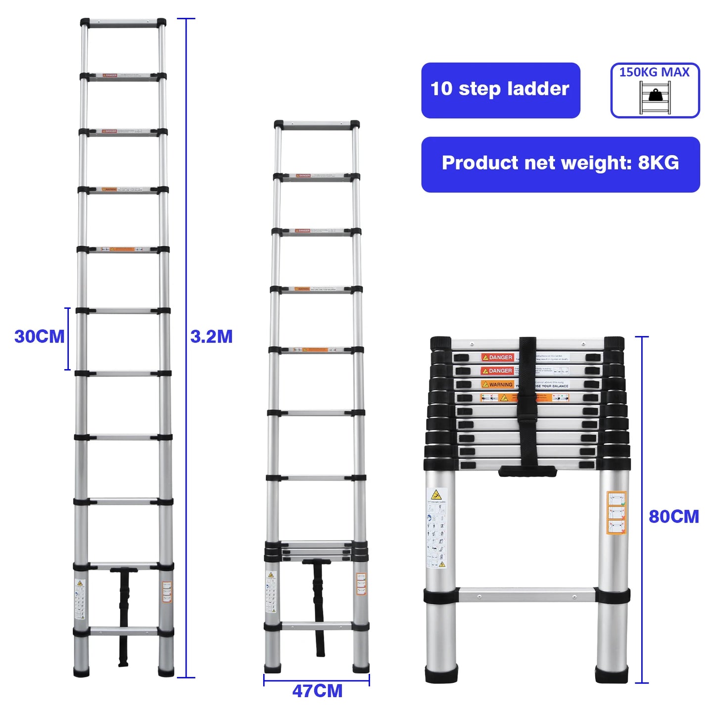 Multi-Size Aluminium Telescopic Ladder with Non-Slip Feet,Adjustable Lightweight Ladder