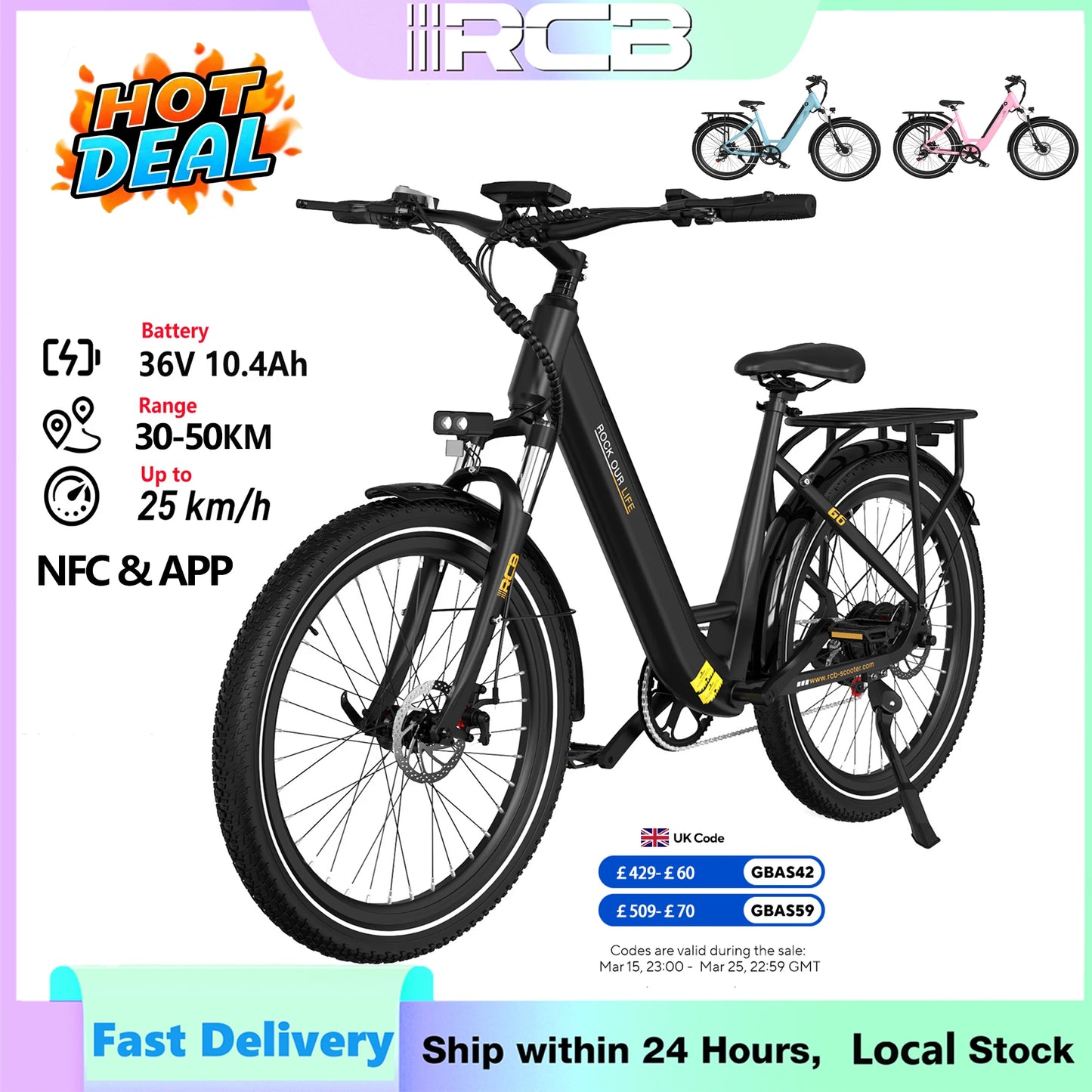 RCB Electric Bike for Adults G6, 25KM/H, 36V 10.4AH Removable Battery EBike, 27.5" Electric Bike, 250W, 7-Speed, Dual Disc Brake