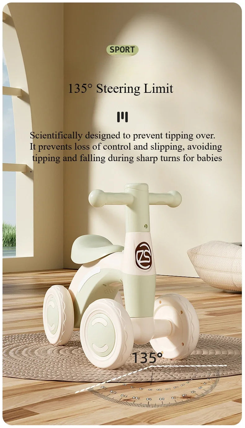 Anti-Tip Baby Balance Bike Ages 1-3 4-Wheel Silent Glider Walker Training Ride-On with Safety Wheels