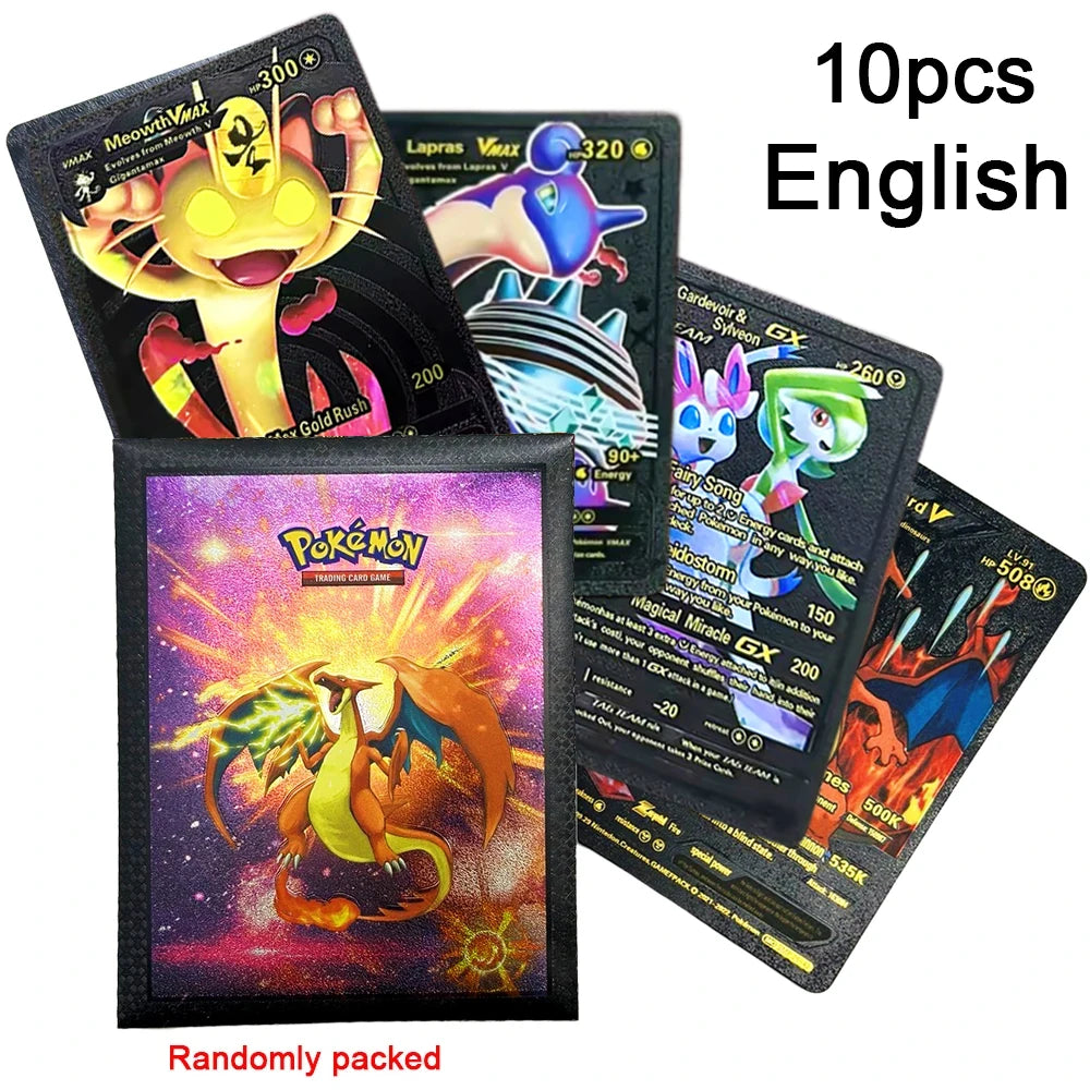 10-55Pcs Pokemon Gold Foil Cards Golden Letters English Spanish French German Game Card Metalicas Charizard Vmax Gx Series