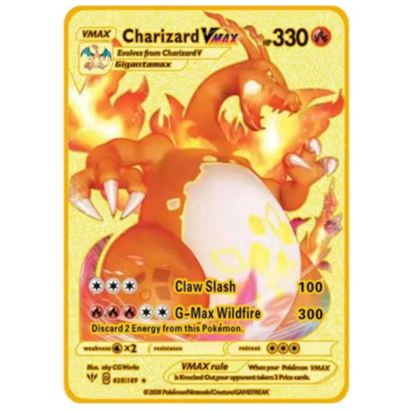 Pokemon English Metal Card Anime Pikachu Charizard Mewtwo Blastoise Vmax Shiny Letters Collection