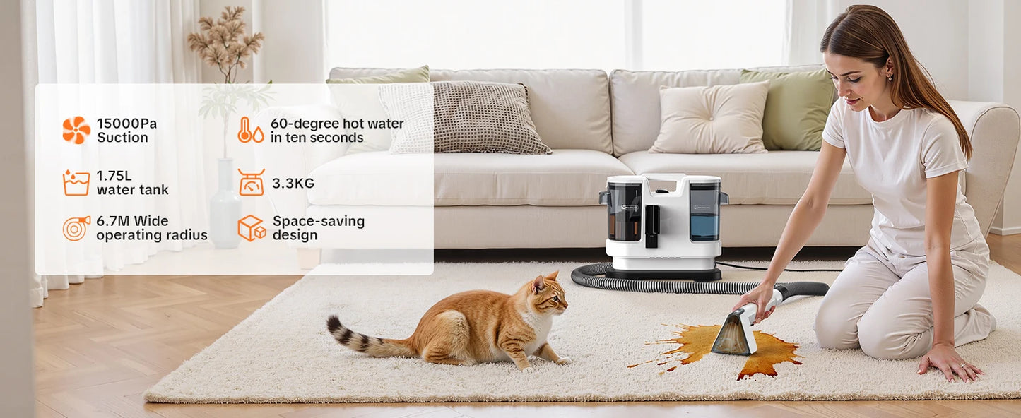 Lubluelu V8 800W Hot Water Carpet Cleaner  60°C Deep Clean Pet Stains 15kPa Strong Suction 5M Long Power Cord 1.75L Tank