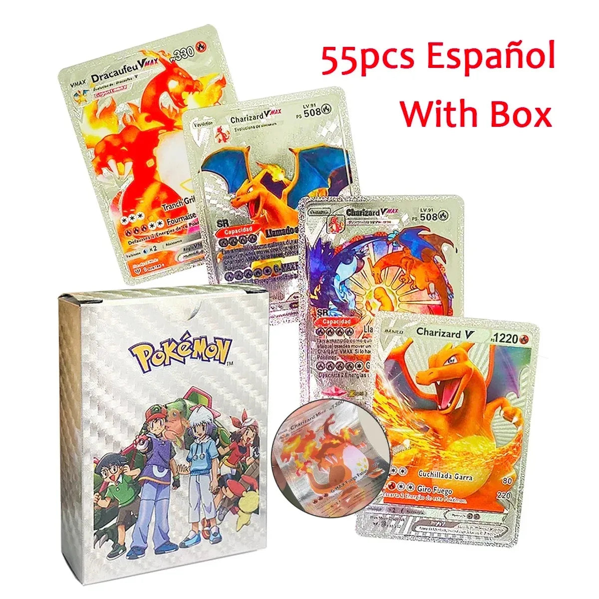10-55Pcs Pokemon Gold Foil Cards Golden Letters English Spanish French German Game Card Metalicas Charizard Vmax Gx Series