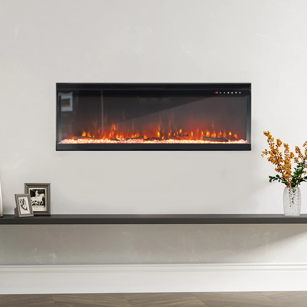 Recessed/Freestanding 3-sided Tempered Glass Front Electric Fireplace, 12 Flame Colors, 1500W 40&50 Inch