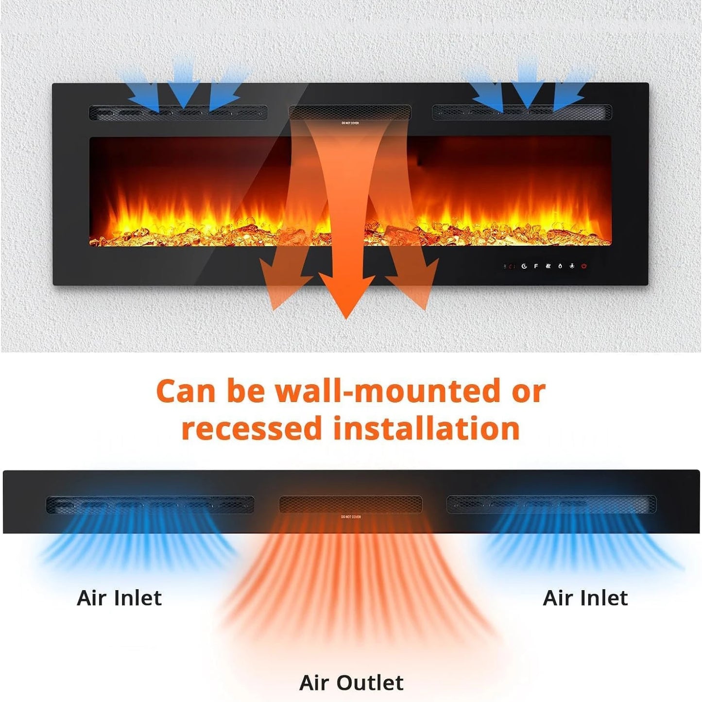 40/50/60 Inch Electric Fireplace Wall Mounted Electric Fires 900W/1800W 2 Heat Setting, 12 Adjustable Flame Color For Home Office