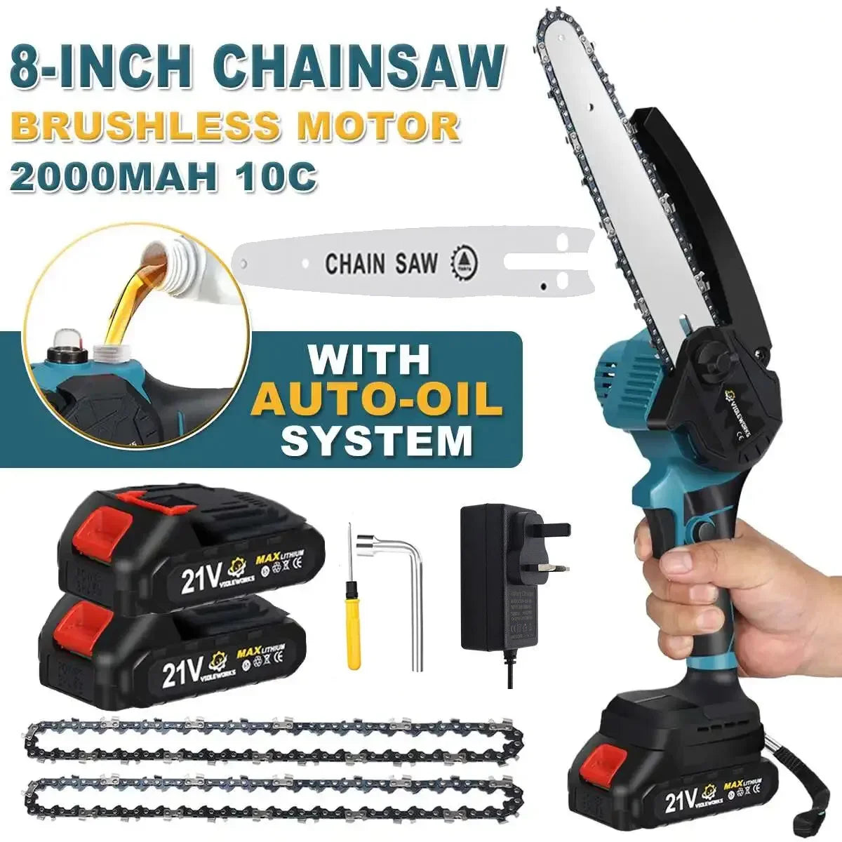 4000W 8'' Mini Cordless Chainsaw 21V Electric One-Hand Wood Cutter 2 Batteries