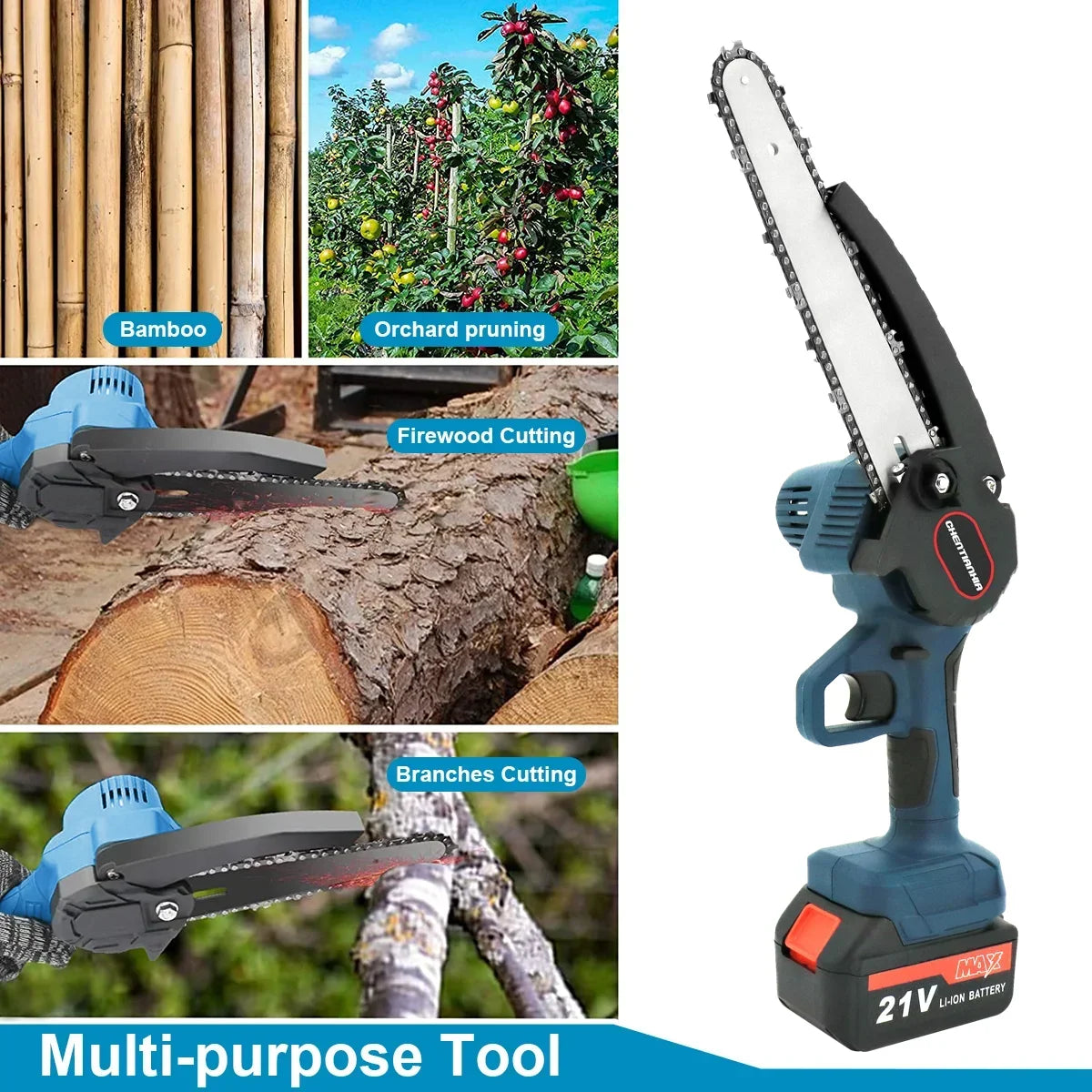 4000W 8'' Mini Cordless Chainsaw 21V Electric One-Hand Wood Cutter 2 Batteries