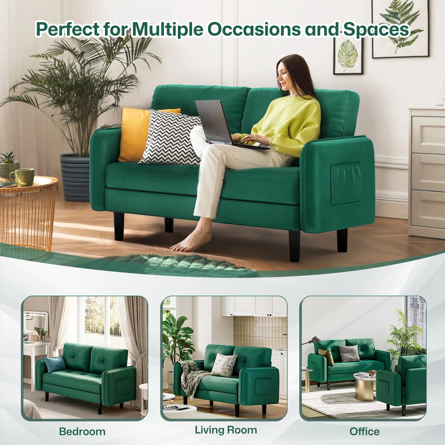 2 Seater Sofa, Modern Velvet Sofa Couch with Thicken Cushions for Living Room, Bedroom, Apartment,