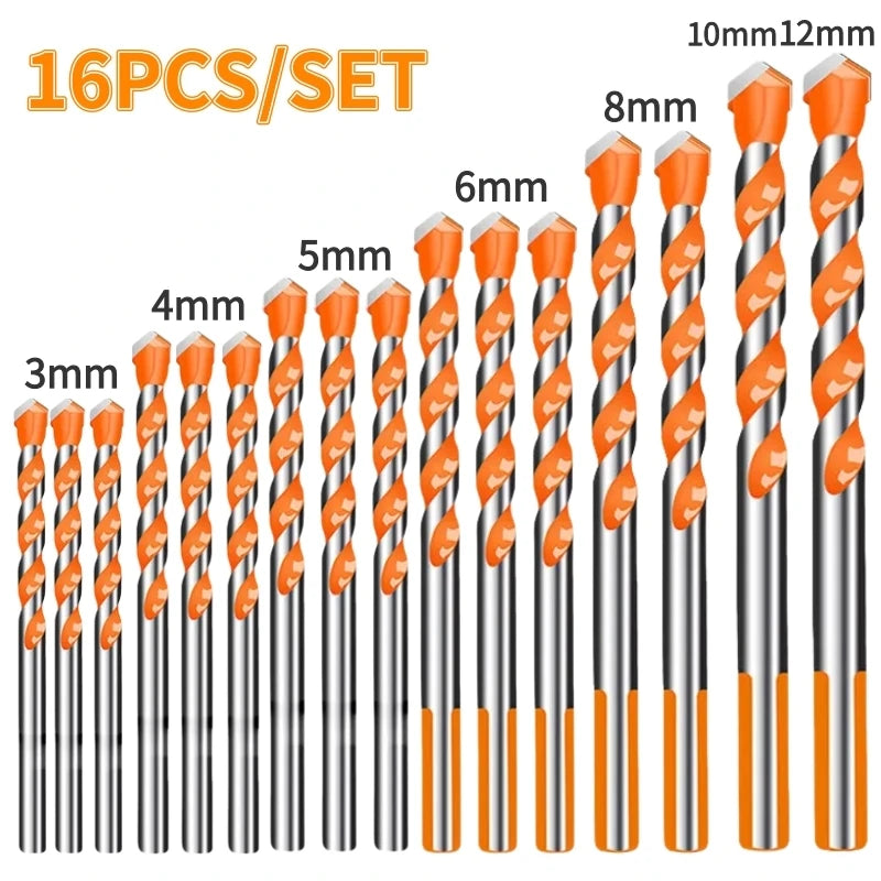 16PCS Tungsten Carbide Masonry Drill Bit Set for Metal Steel Porcelain Ceramic Tile Concrete Brick Wood 3-12mm Drilling Tools
