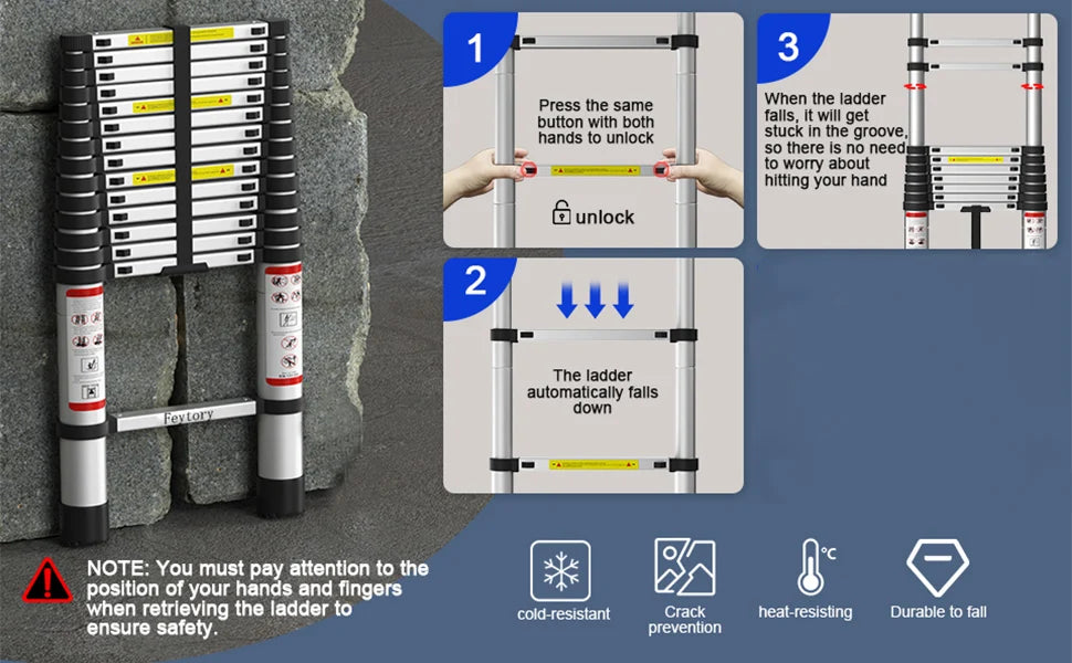 Multi-Size Aluminium Telescopic Ladder with Non-Slip Feet,Adjustable Lightweight Ladder