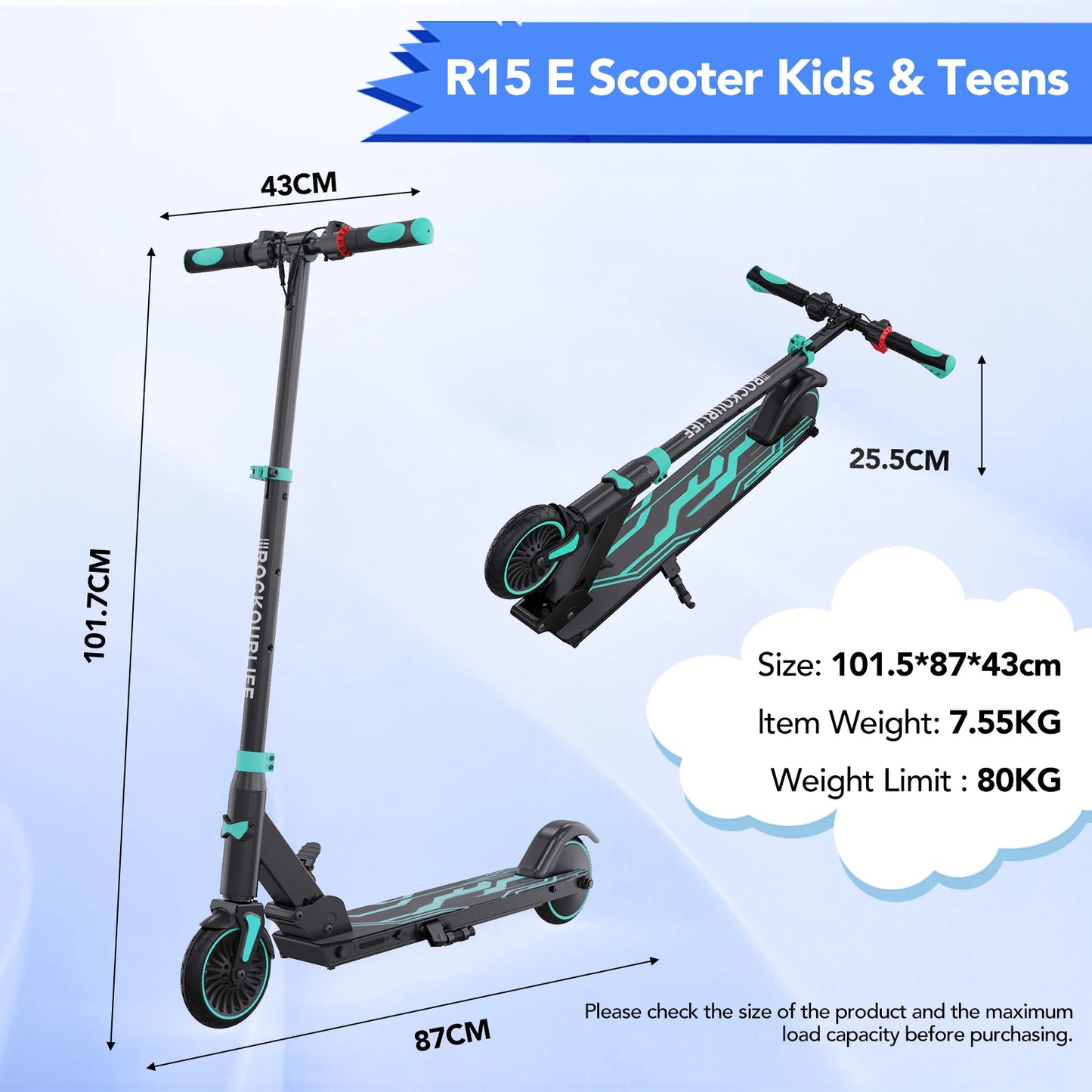 RCB Electric Scooter for Children Aged 8-12-16 Years, 7.55KG Foldable, Two Types of Braking