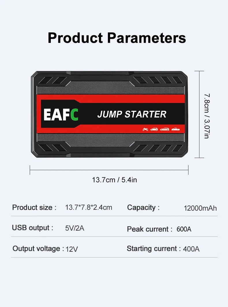 12V Car Jump Starter 600A-2000A Car Battery Starter Booster Emergency Start Portable Power Bank