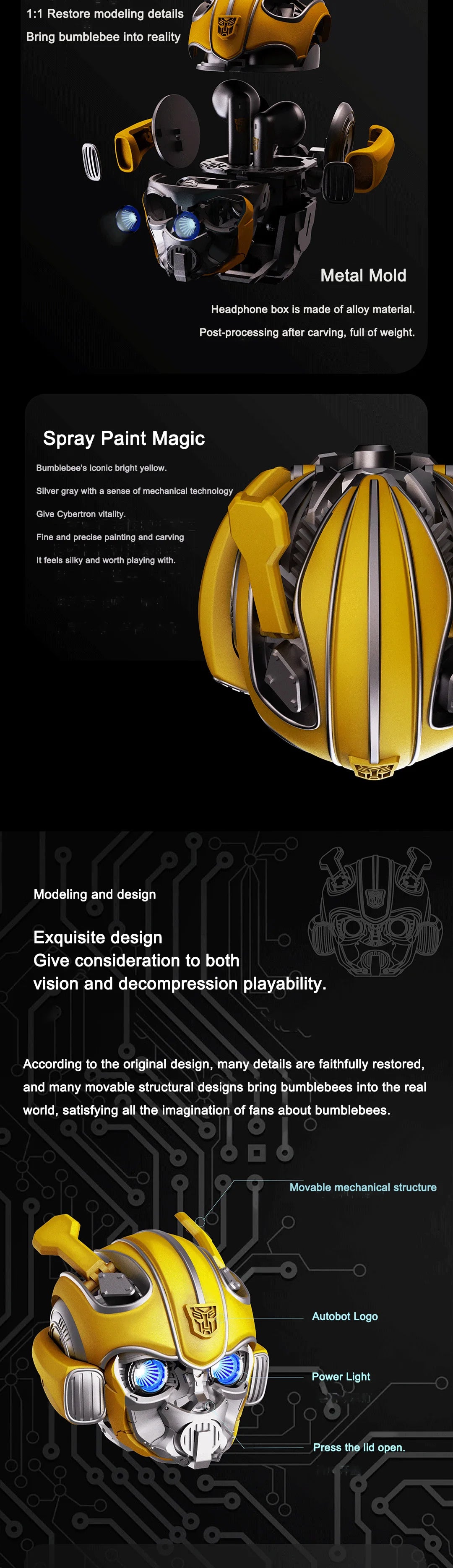 Genuine TRANSFORMERS H1 High-Quality Bluetooth Earphone Cool Bumblebee Mecha-shaped Wireless Headset High Quality Zinc Alloy