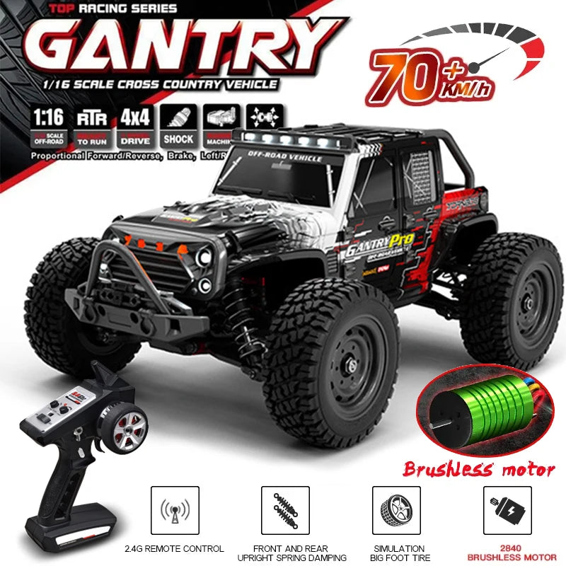 70KM/H Professional RC Car: Brushless Motor, 1:16 Scale 4WD High-Speed Off-road Climbing Vehicle W LED Light