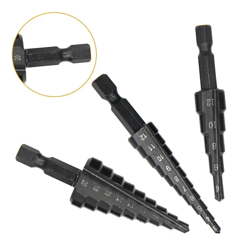 3pc Black Hexagonal Shank Straight Slot Ladder Drill Bit Reaming and Hole Opening Drill Tool Set