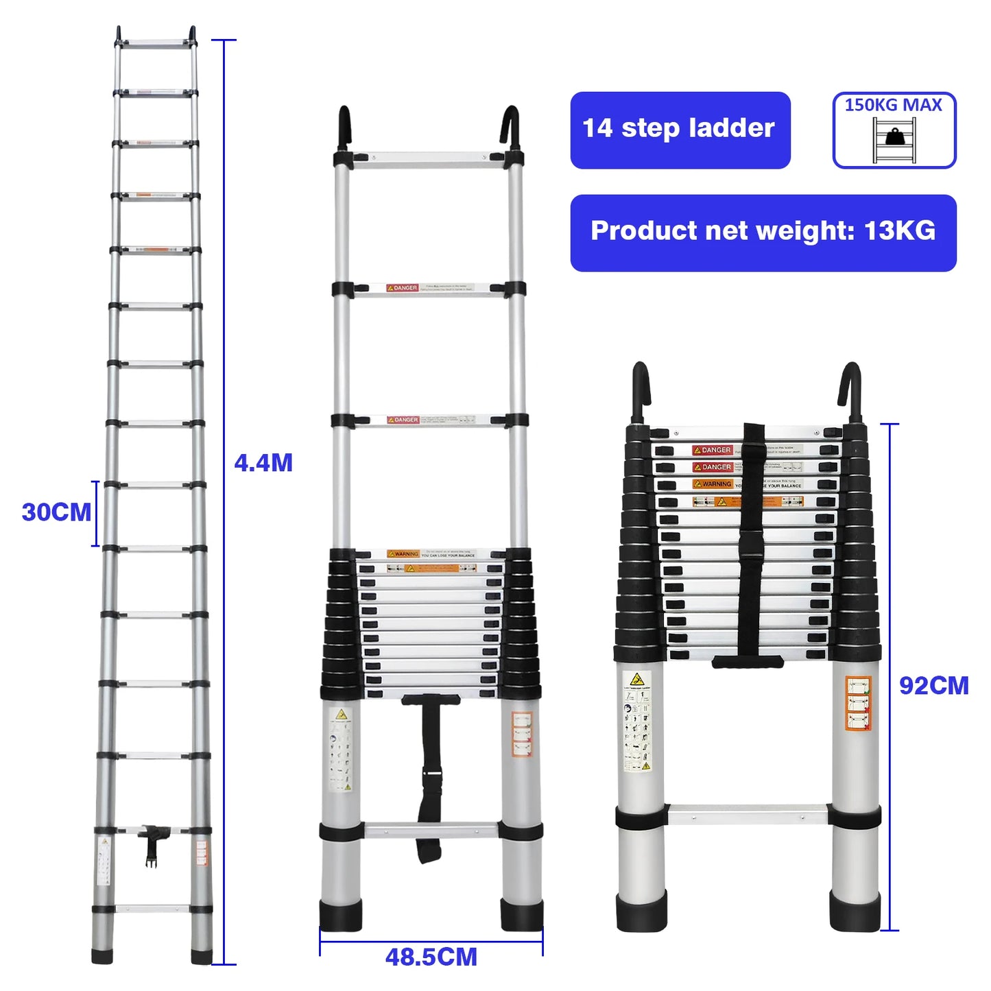Multi-Size Aluminium Telescopic Ladder with Non-Slip Feet,Adjustable Lightweight Ladder
