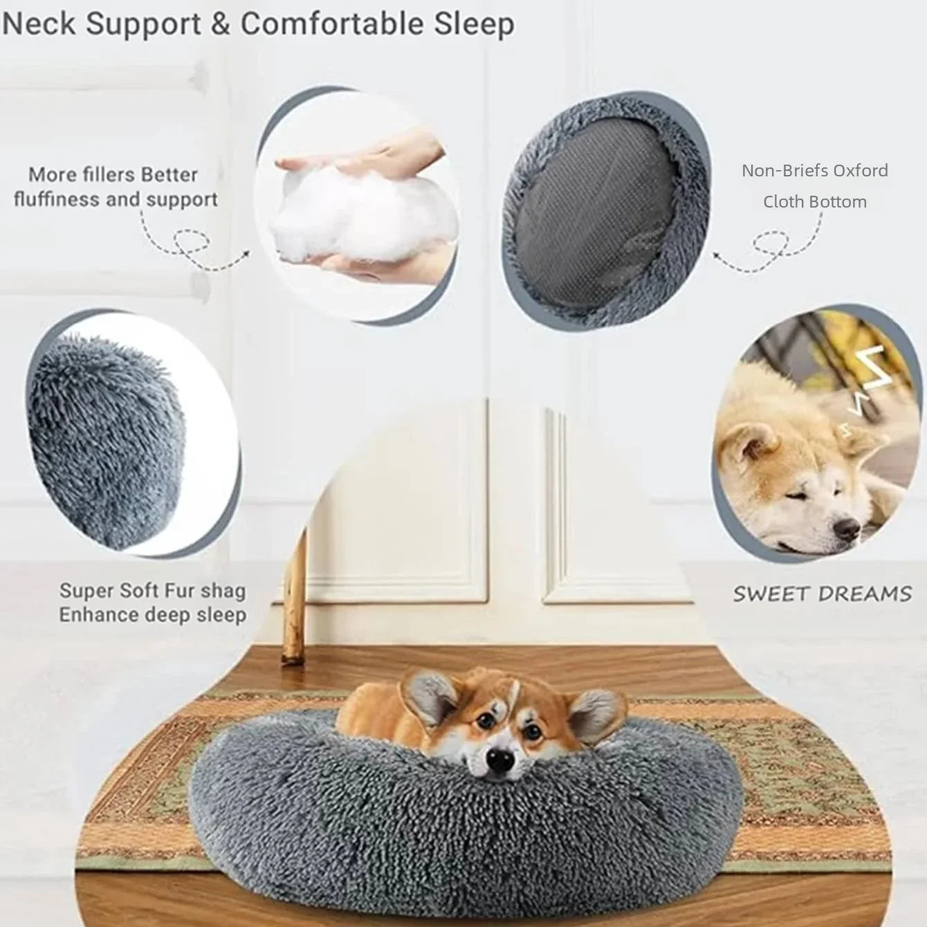 40-90cm 6 Sizes Round Super Soft Pet Bed for Large Dog & Cat