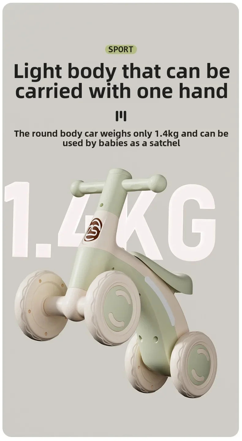 Anti-Tip Baby Balance Bike Ages 1-3 4-Wheel Silent Glider Walker Training Ride-On with Safety Wheels