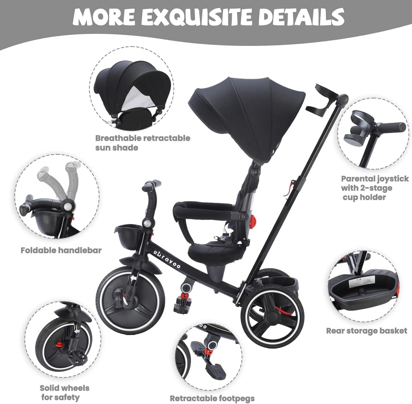 Ubravoo Baby Stroller Tricycle Ride Bike , 5-in-1, Adjustable Canopy, Sitting & Lying, Celerity Disassembly & Assembly, 1-5 Years